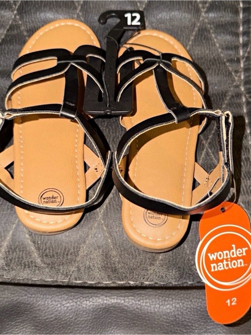 wonder nation Black Strappy Girls' Sandals with Tan Footbed